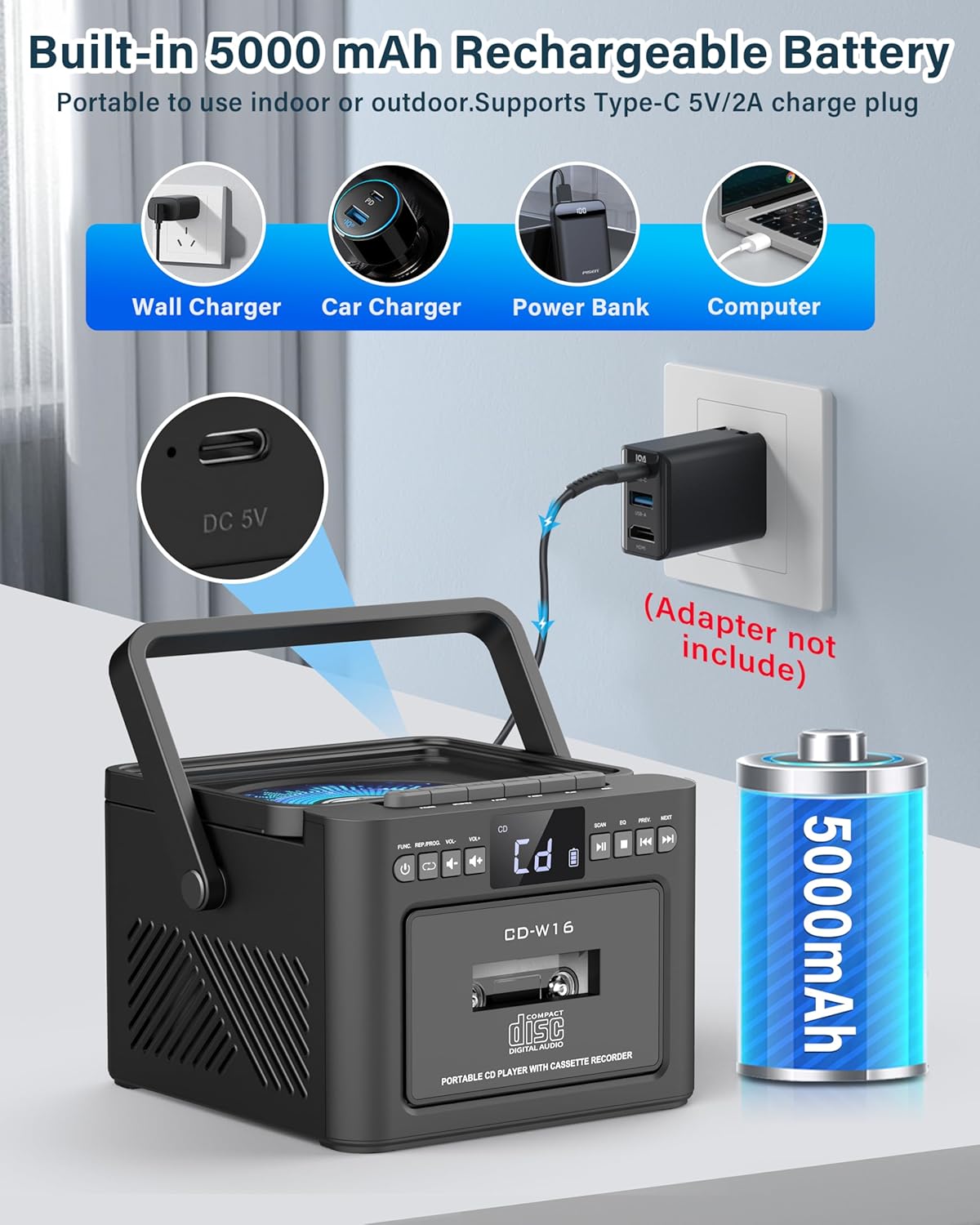 Boombox Reproductor de CD y Casete Bluetooth5.1 con batería de 5000 mAh, altavoces estéreo duales. - Imagen 6