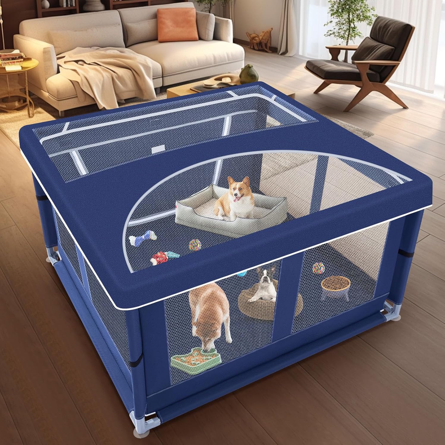 Corralito para cachorros de 42 x 42 pulgadas con cubierta, cerca para mascotas - Imagen 5