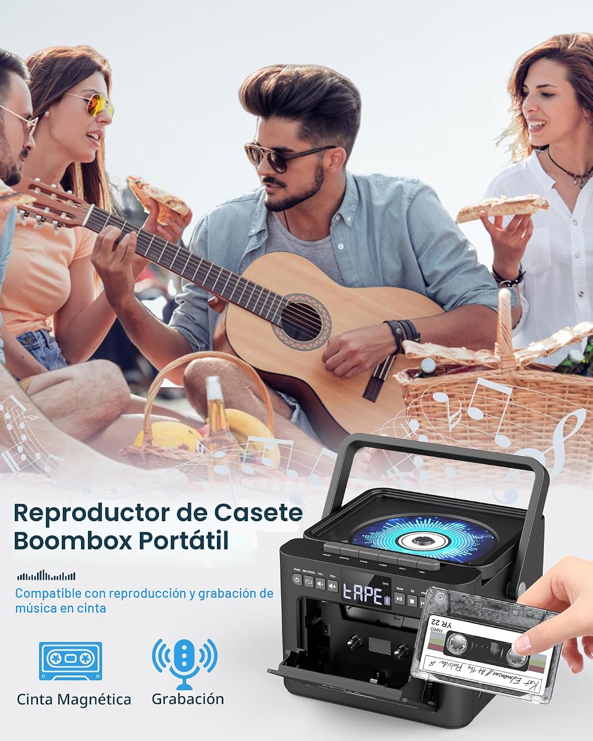 Boombox Reproductor de CD y Casete Bluetooth5.1 con batería de 5000 mAh, altavoces estéreo duales. - Imagen 4