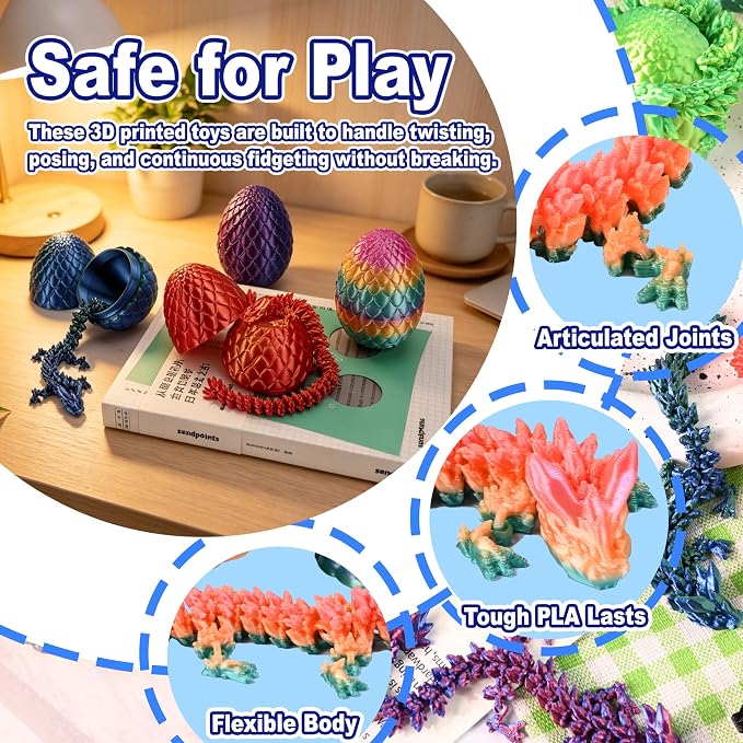 Dragon Eggs, Flexible Fidget Toys, 3D Printed Animals Set, (4 Pack) - Imagen 4