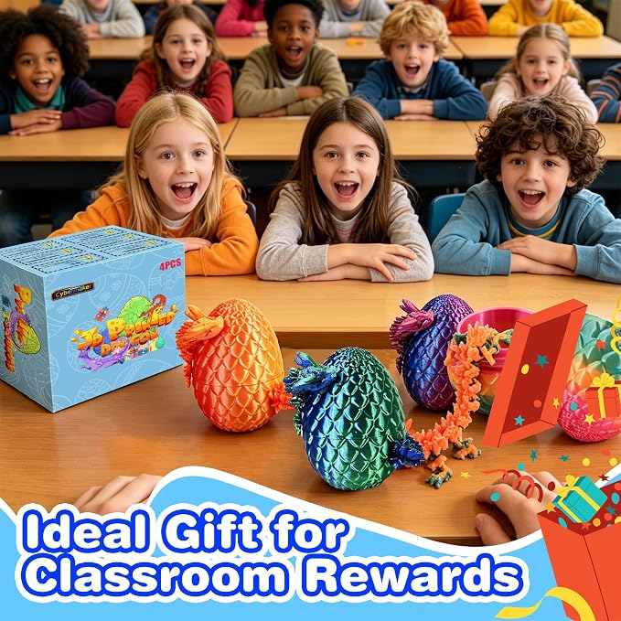 Dragon Eggs, Flexible Fidget Toys, 3D Printed Animals Set, (4 Pack) - Imagen 3