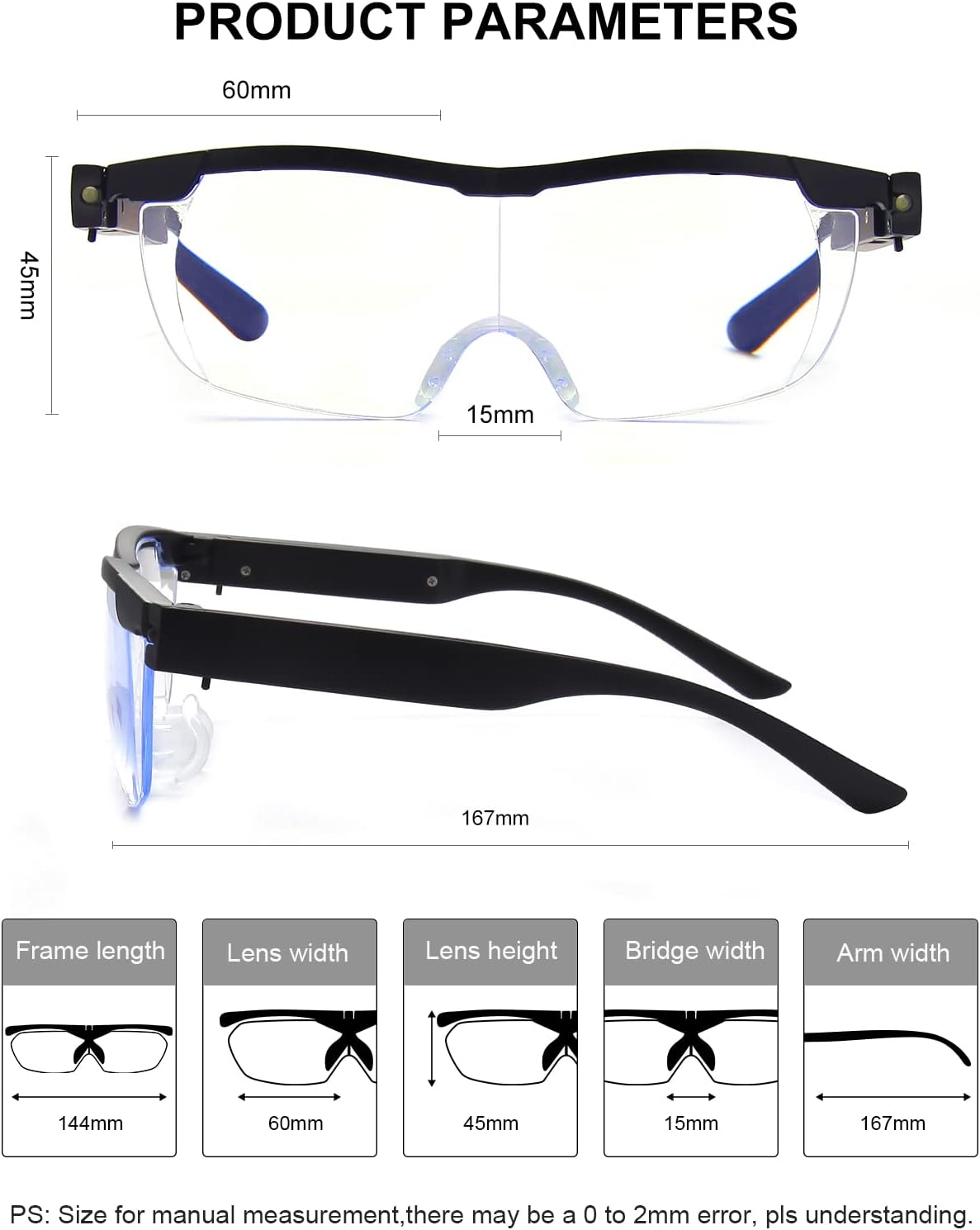OKH Gafas de Aumento del 160% con Luz, Lentes de Magnificación con LED Recargables, Anti Luz Azul. - Imagen 4