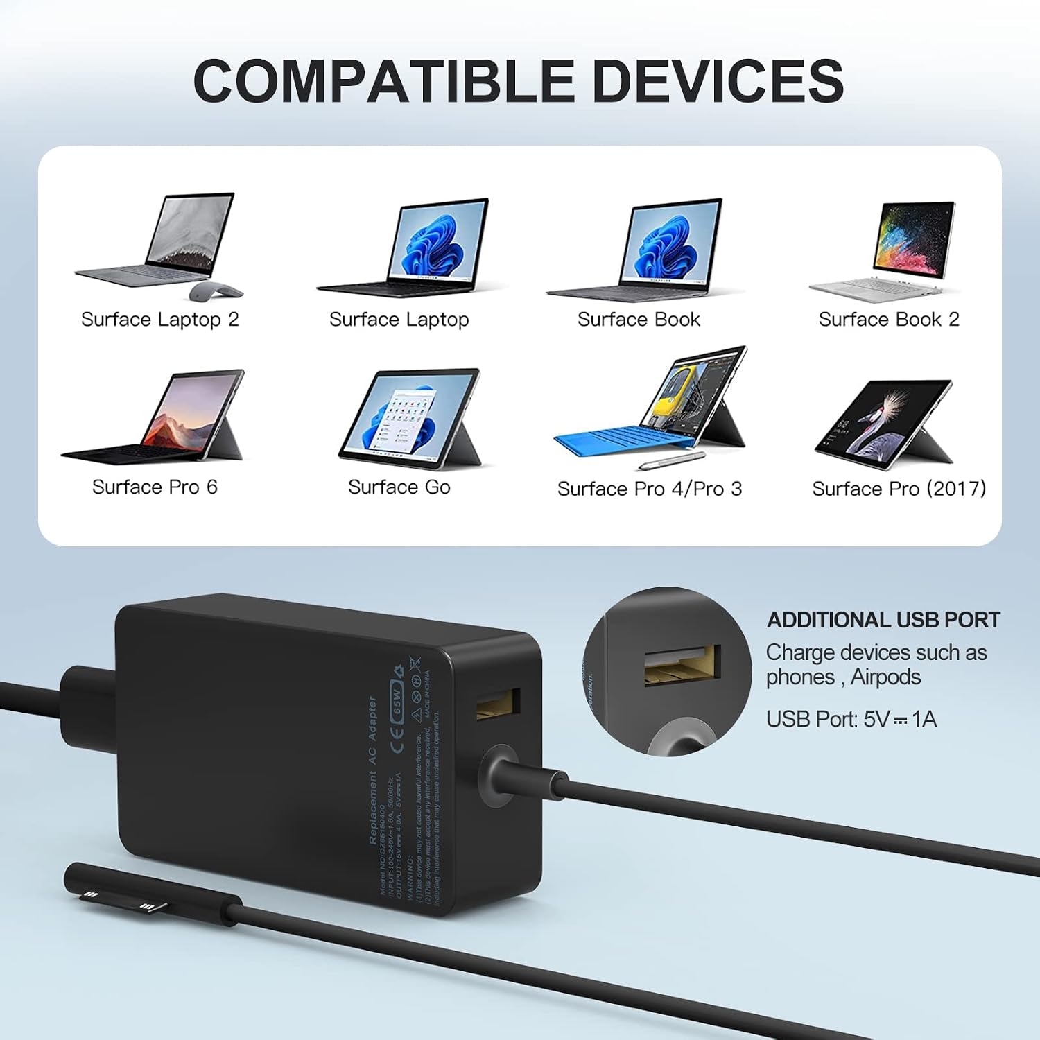 Cargador Surface Pro de 65 W para computadora portátil Microsoft. - Imagen 4