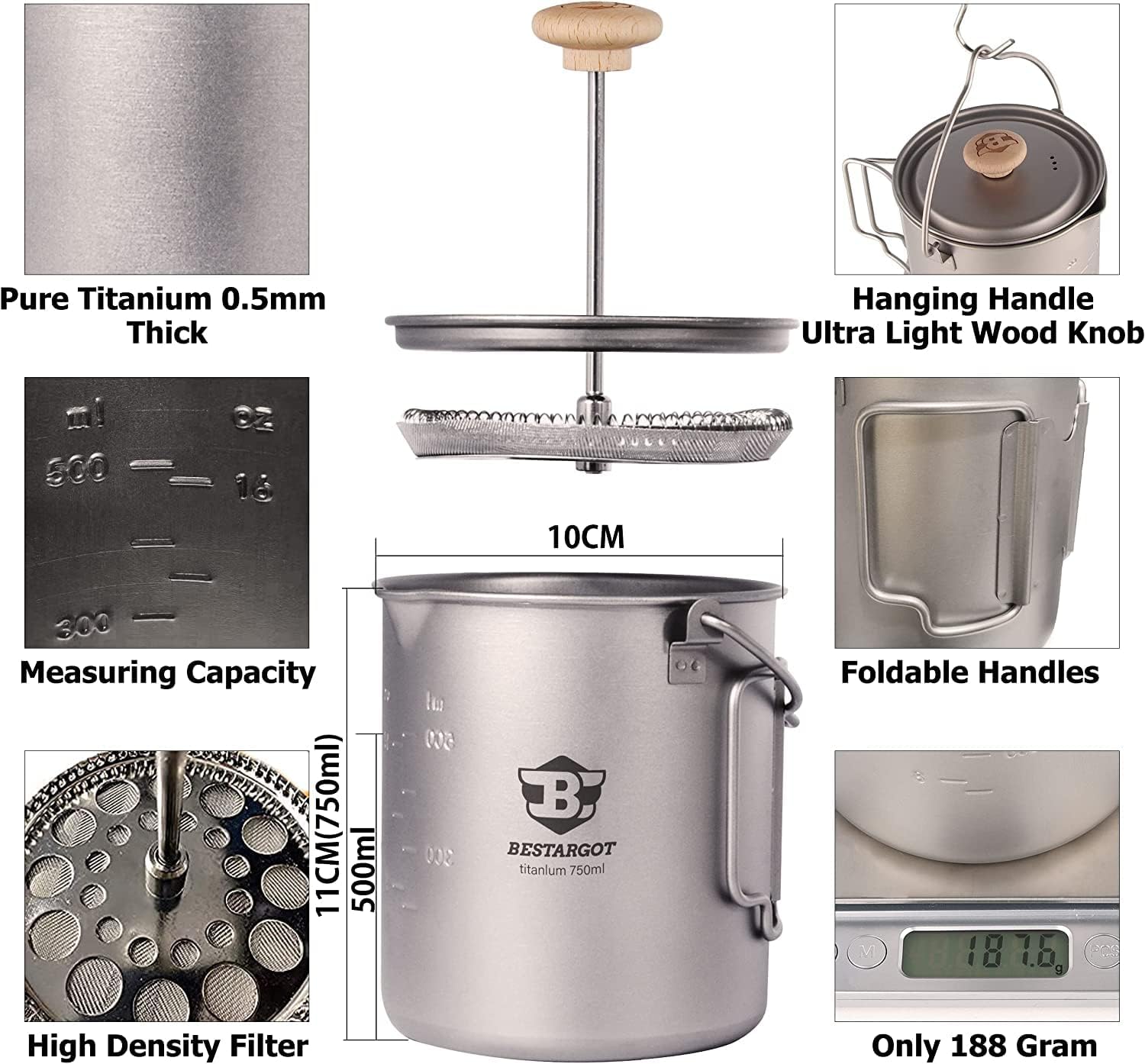 Bestargot Olla de titanio de 750 ml, prensa francesa portátil | Olla de camping ultraligera. - Imagen 3