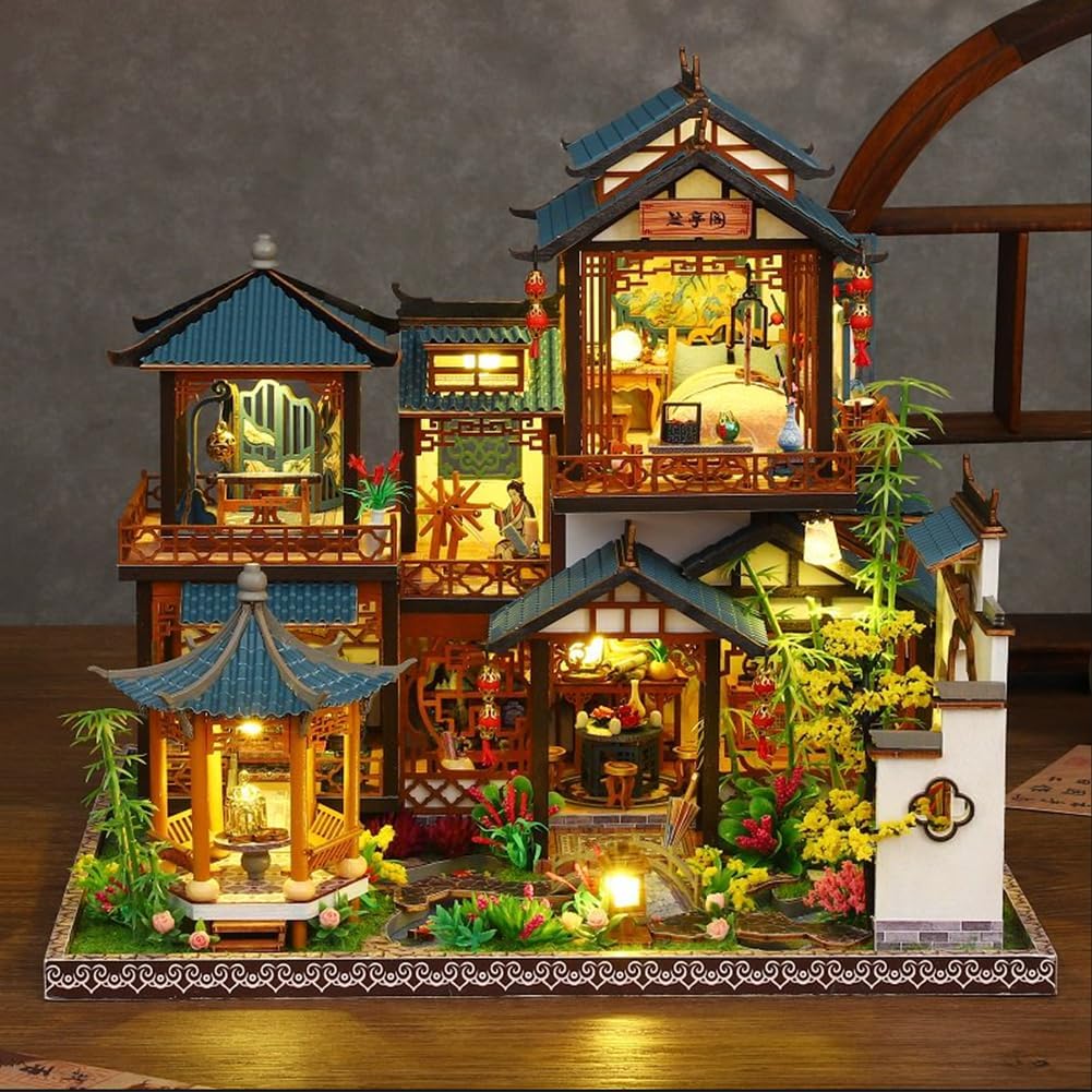Kit de casa de muñecas en miniatura de madera 3D, estilo chino de pintura antigua. - Imagen 5