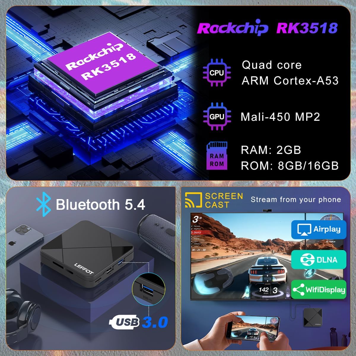 Caja de TV Android 14.0 2025, LEFFOT RK3518 4K ultra HD, dispositivo de transmisión para TV. - Imagen 6