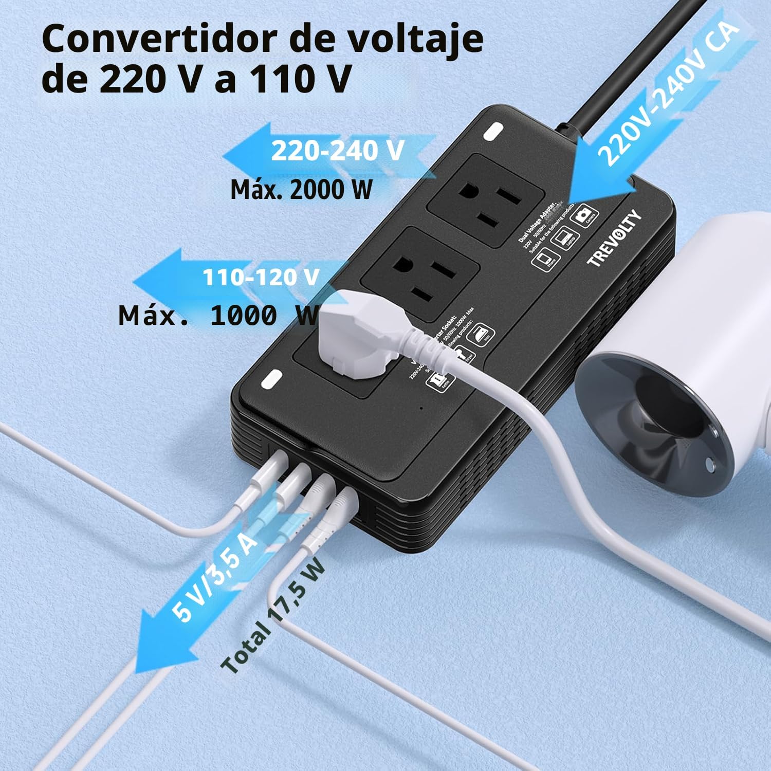 Convertidor de voltaje de 2000 W de EE. UU. a Europa para secadores de pelo, convertidor 7 en 1. - Imagen 3