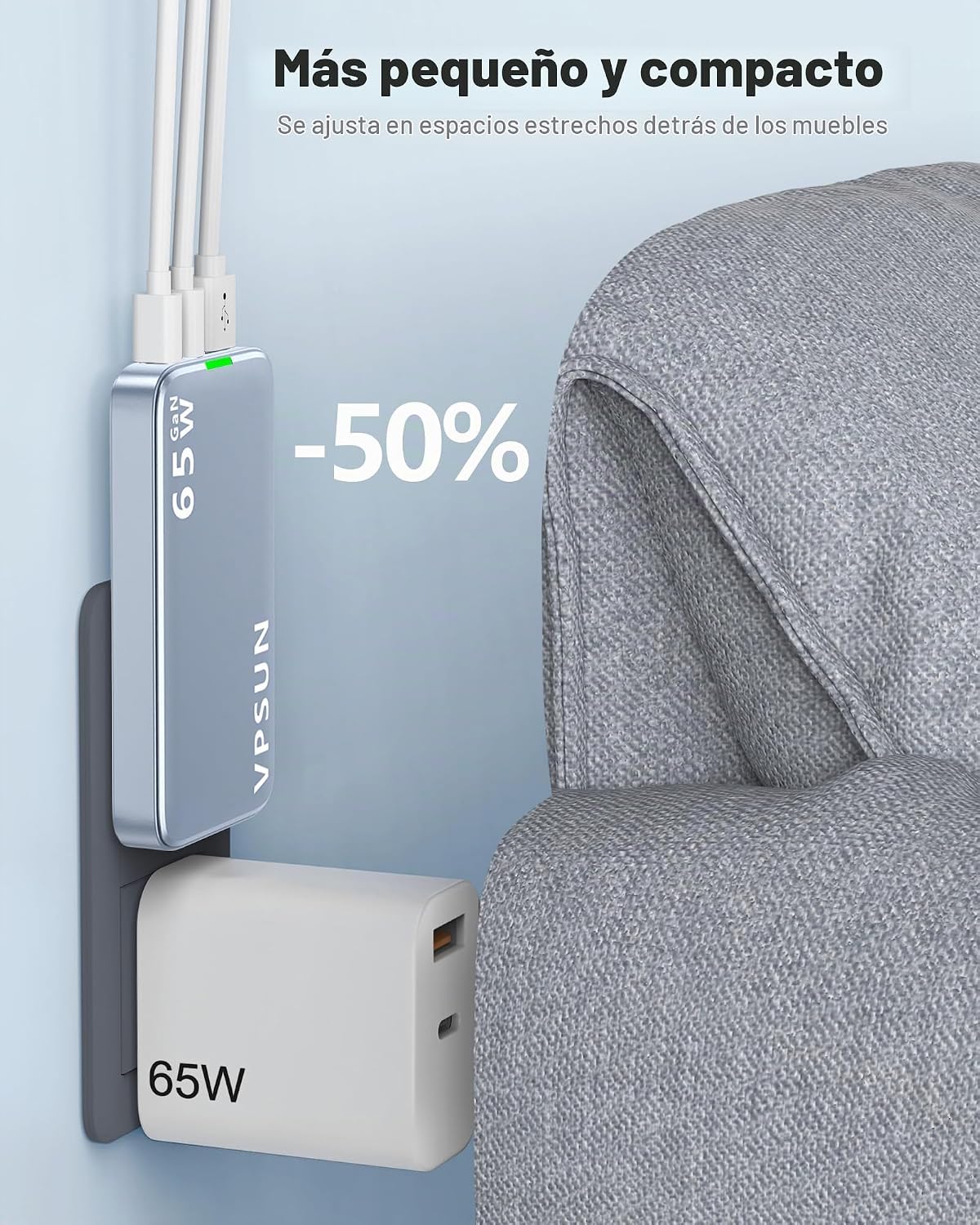 Cargador de pared GaN USB C de 65 W, bloque de 3 puertos ultra delgado USB-C. - Imagen 5