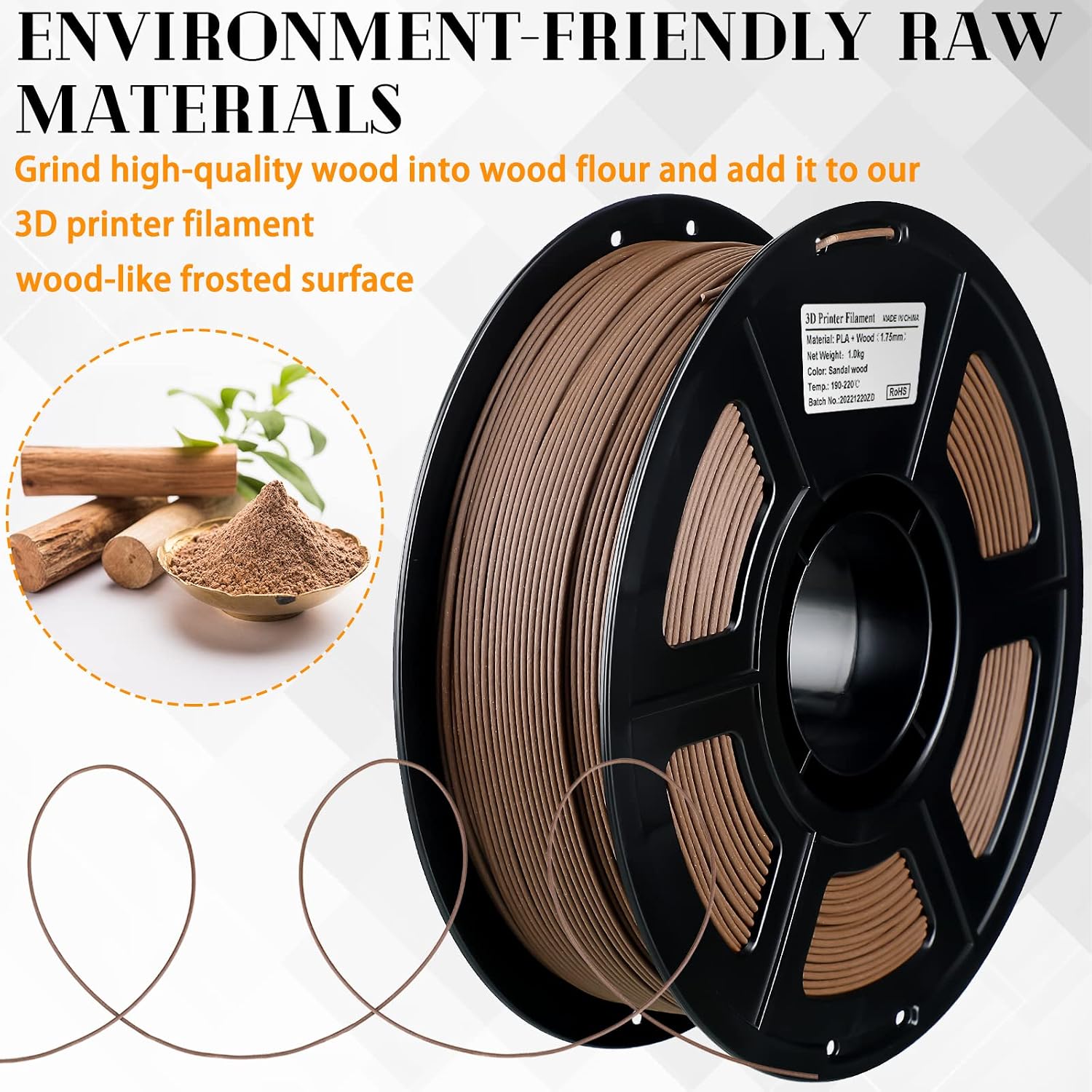 Filamento de madera 3D de sándalo de 1,75 mm, filamento de madera oscura con 30% fibra de madera. - Imagen 4