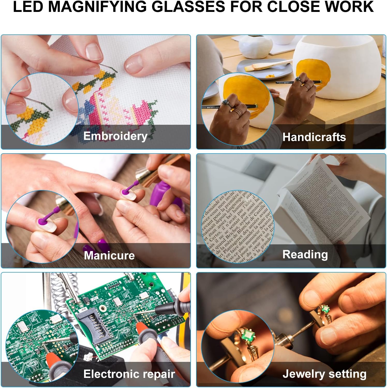 OKH Gafas de Aumento del 160% con Luz, Lentes de Magnificación con LED Recargables, Anti Luz Azul. - Imagen 6