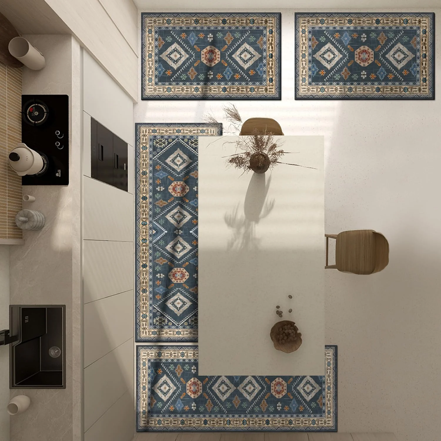 SIPIHA Alfombras de Cocina Boho - Juego 4 Piezas con Runner Antideslizante y Lavable. - Imagen 3