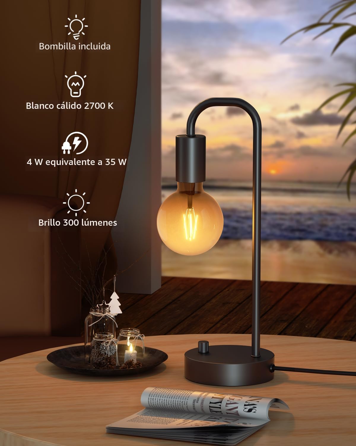 ONEWISH Juego de 2 lámparas de mesa industriales, lámpara de mesita de noche. - Imagen 3