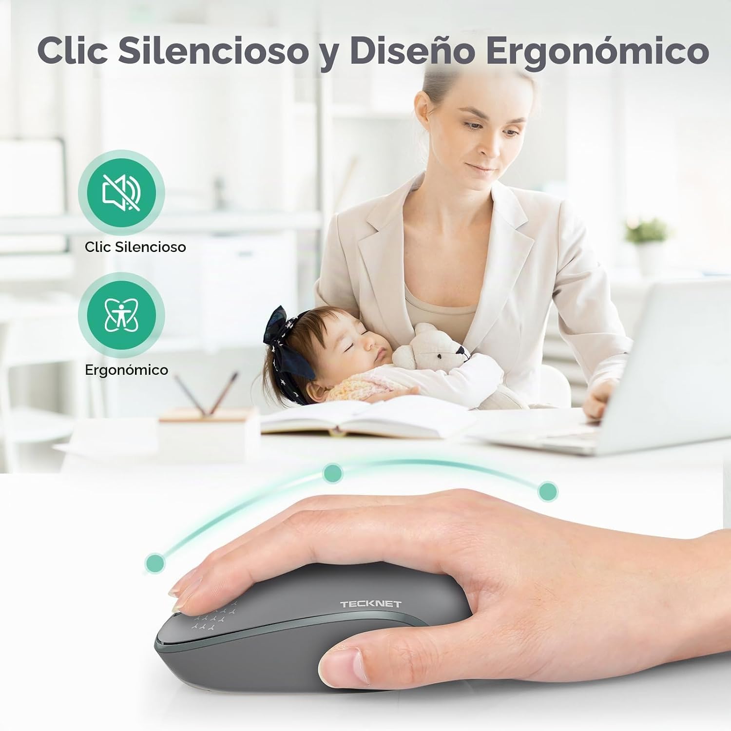 Tecknet Mouse inalámbrico, mouse silencioso de 2.4 GHz con receptor USB, 4 botones, portátil. - Imagen 4