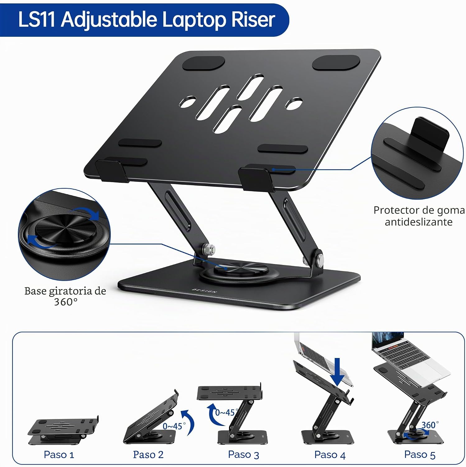 BESIGN LS11 - Soporte de laptop con base giratoria de 360°, soporte ergonómico ajustable. - Imagen 6