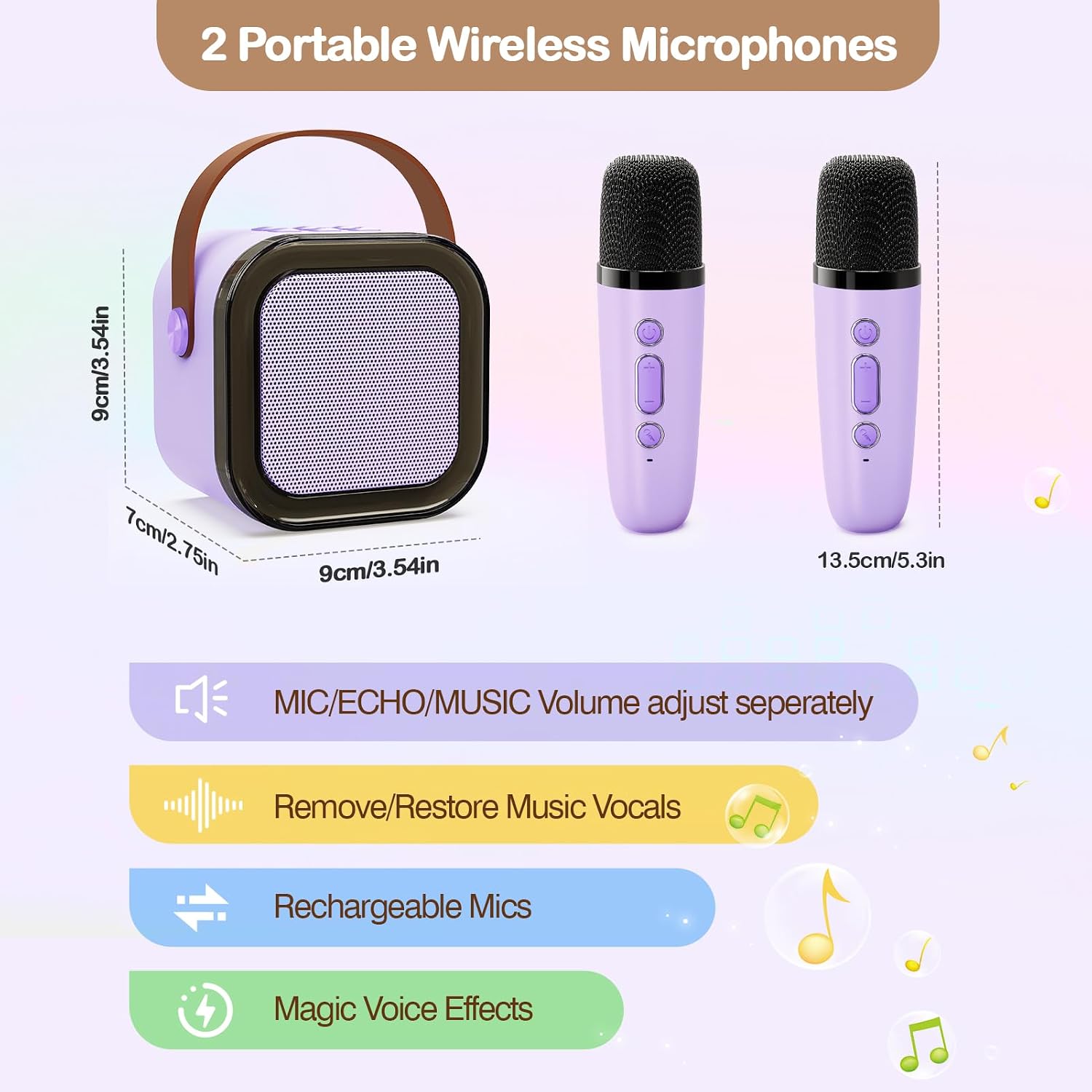 Máquina de karaoke portátil con 2 micrófonos inalámbricos, mini altavoz Bluetooth. - Imagen 3