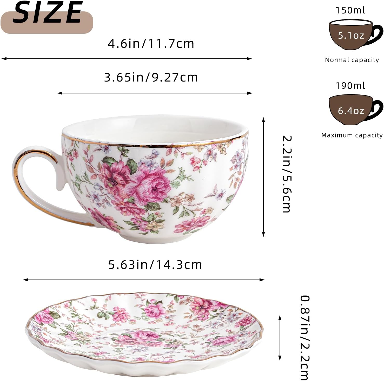 Agyiuns Taza de té y platillos, tazas de té floral con borde dorado, taza de té de porcelana. - Imagen 2