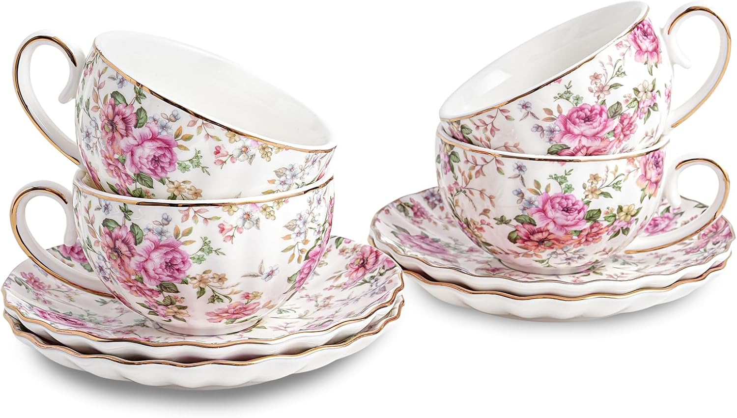 Agyiuns Taza de té y platillos, tazas de té floral con borde dorado, taza de té de porcelana.