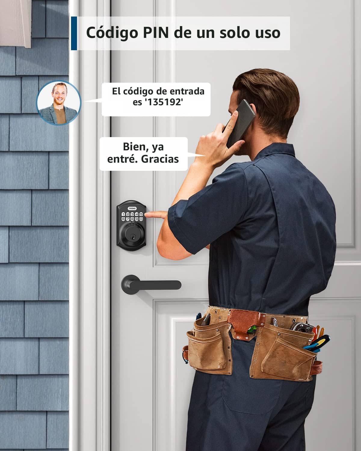 TEEHO Cerradura de puerta de entrada Cerradura de pestillo inteligente para puerta con 2 llaves - Imagen 4