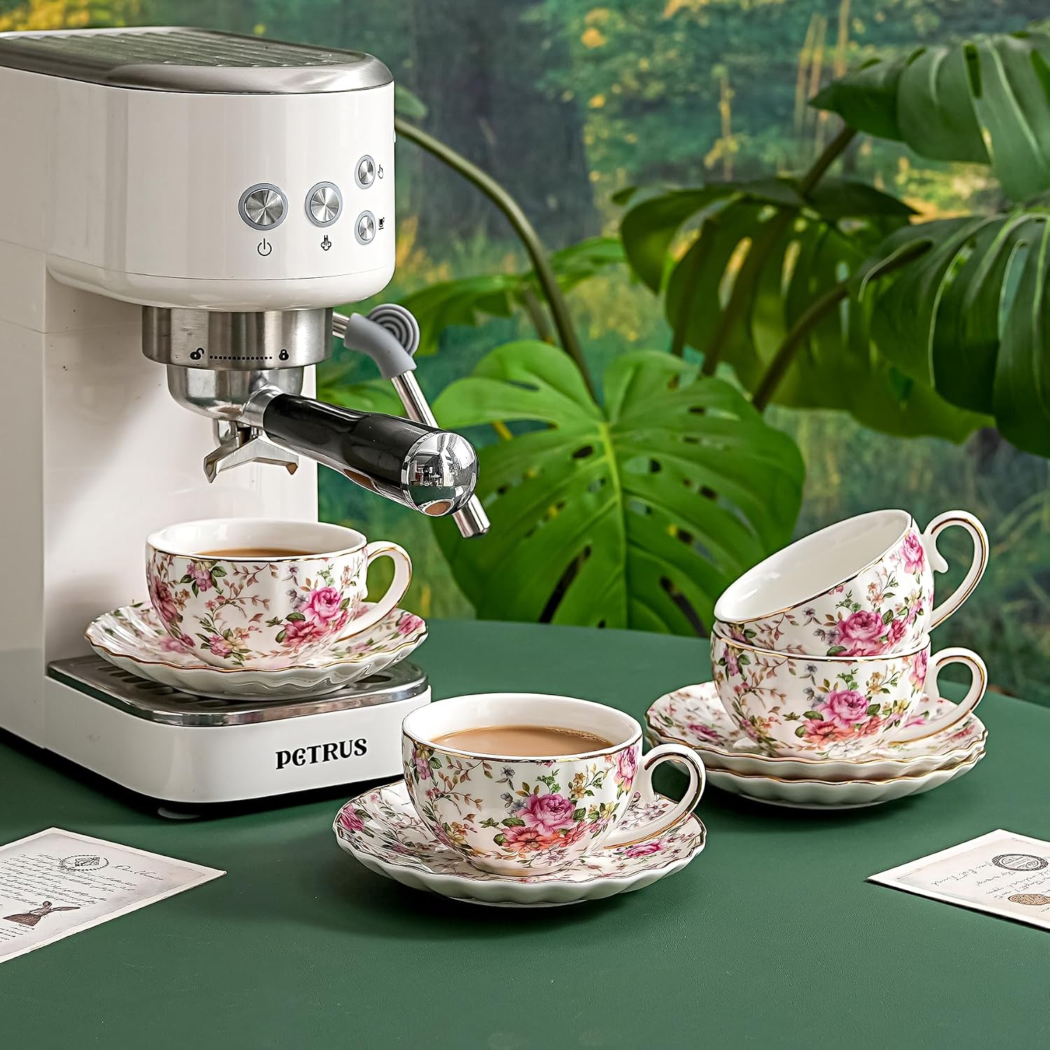 Agyiuns Taza de té y platillos, tazas de té floral con borde dorado, taza de té de porcelana. - Imagen 5