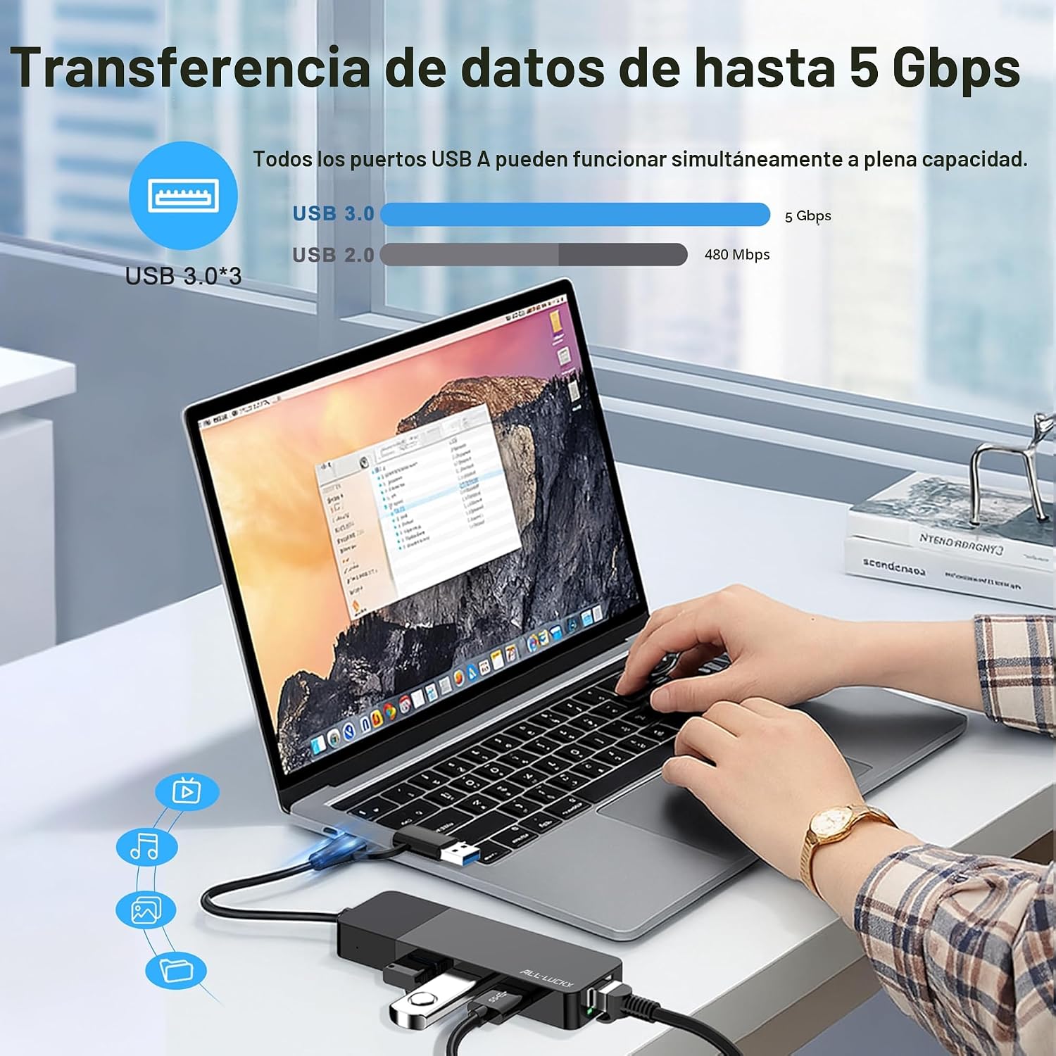 ALL-LUCKY Adaptador de USB a Ethernet, Hub Adaptador 4 en 1 USB C a Ethernet con 3 x Puerto USB 3.0 - Imagen 3
