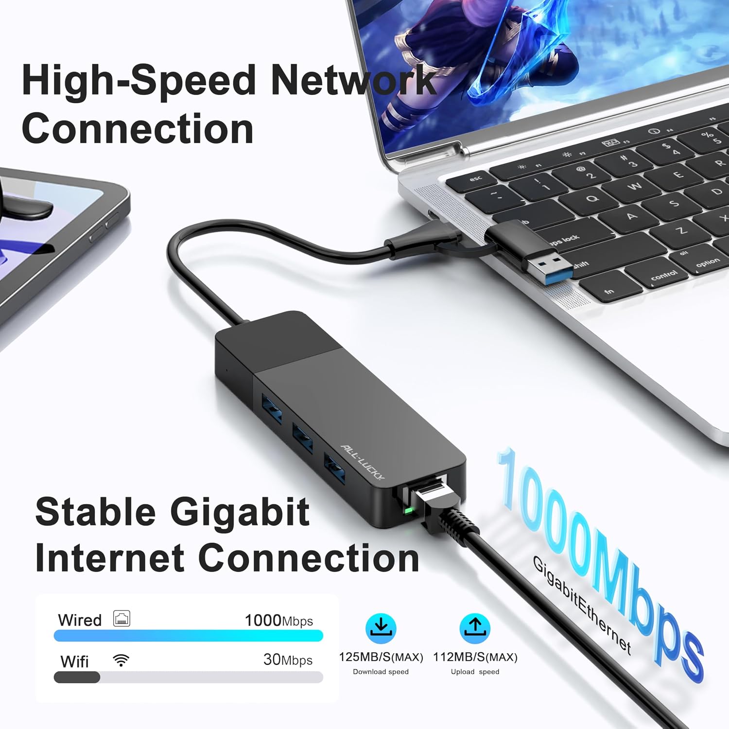 ALL-LUCKY Adaptador de USB a Ethernet, Hub Adaptador 4 en 1 USB C a Ethernet con 3 x Puerto USB 3.0 - Imagen 5