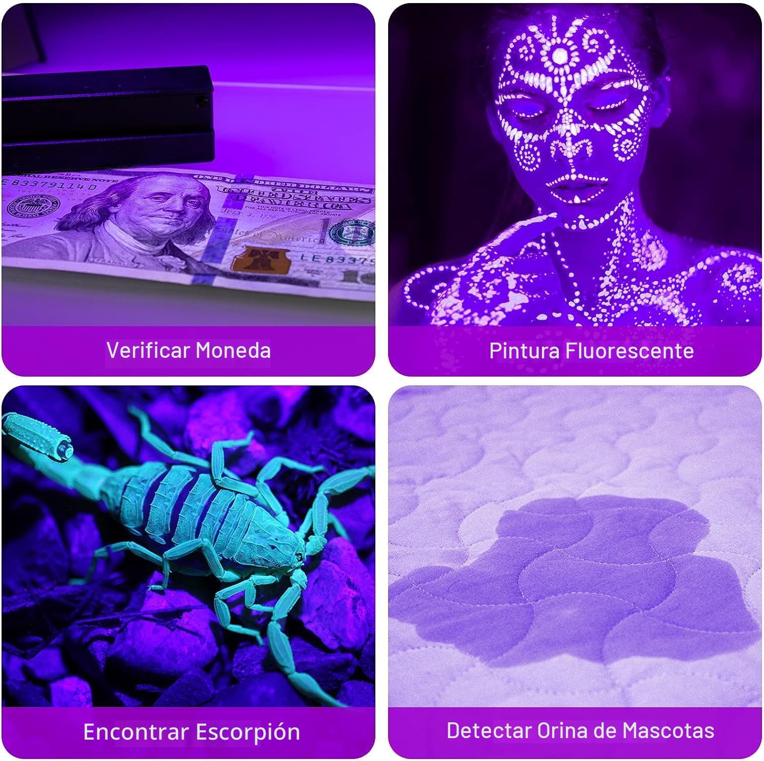 COSOOS Paquete de 2 Linternas UV, Linterna de Mano de Luz Negra de 12 LED 395nmm. - Imagen 4