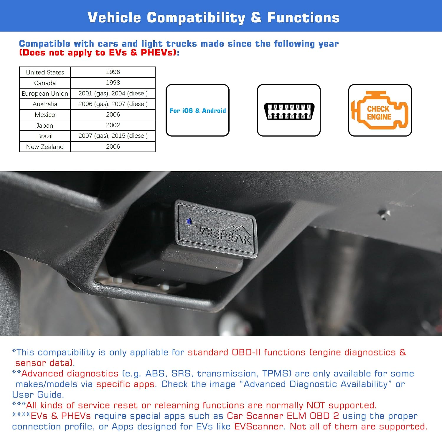 Veepeak OBDCheck BLE+ Bluetooth OBD II escáner para iOS y Android, lector de código de motor. - Imagen 5
