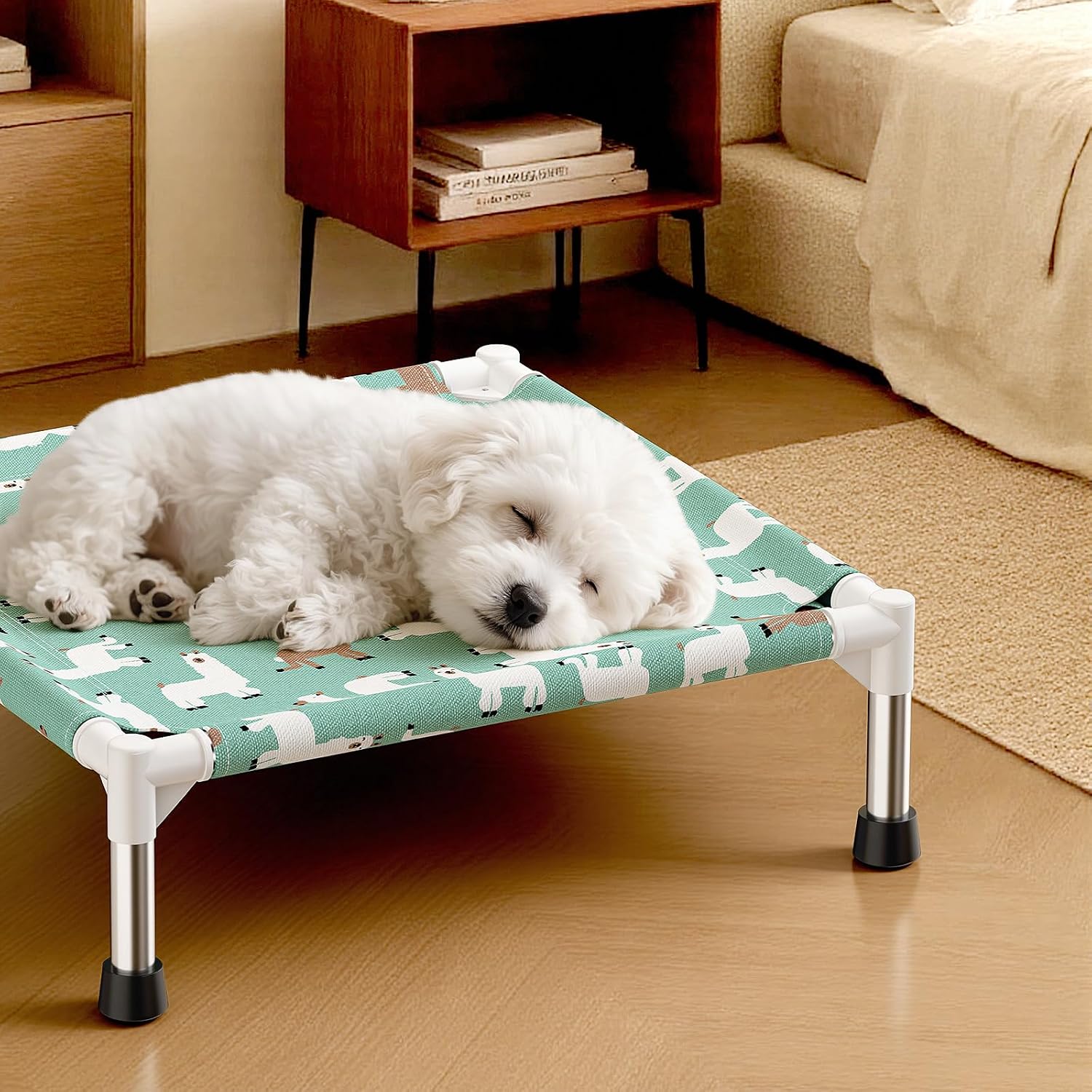 Linda cama elevada para perros con estampado de alpaca - Cuna portátil refrescante para mascotas. - Imagen 6