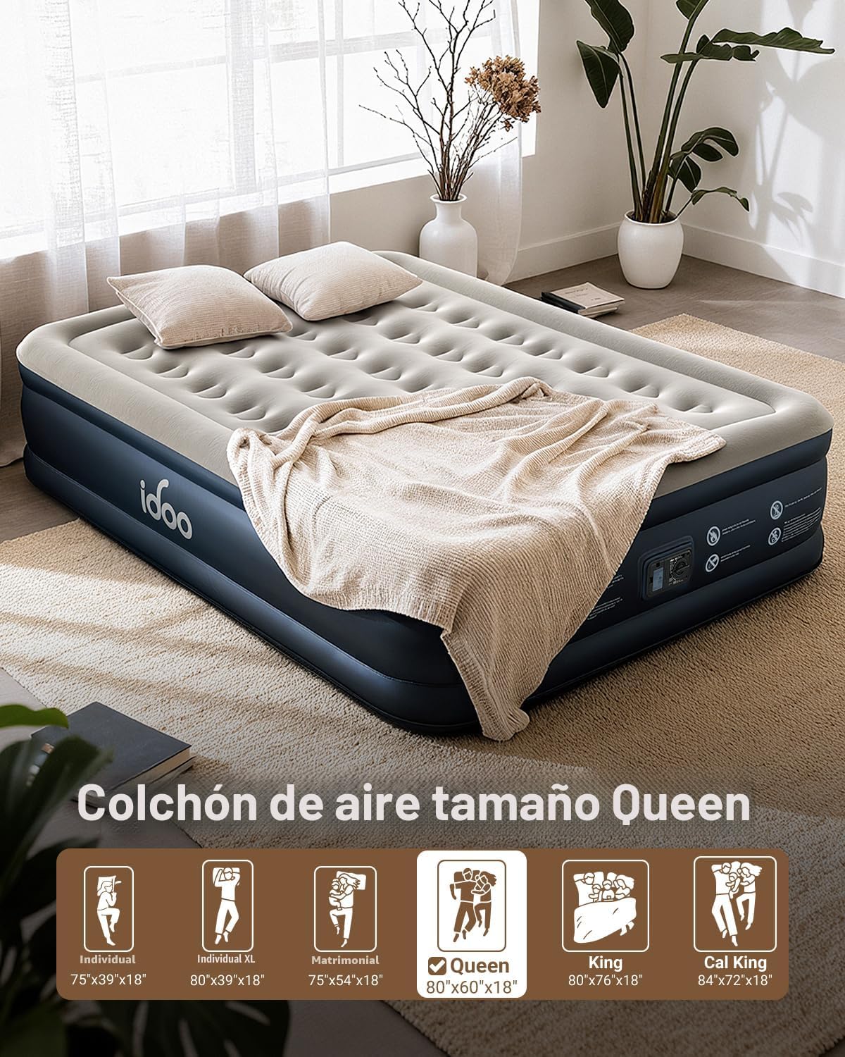iDOO - Colchón de aire tamaño Queen con bomba integrada, colchón inflable elevado de 18 pulgadas. - Imagen 3