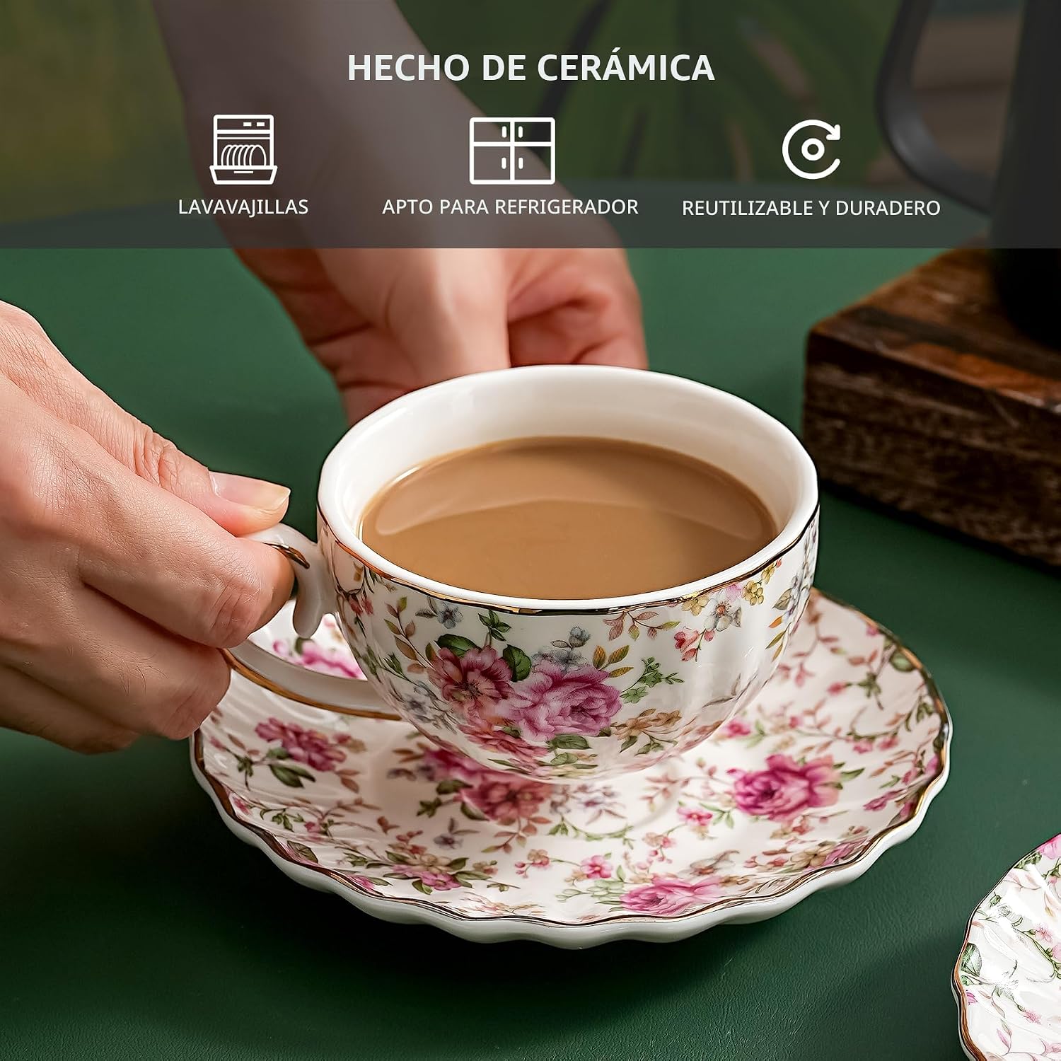 Agyiuns Taza de té y platillos, tazas de té floral con borde dorado, taza de té de porcelana. - Imagen 3
