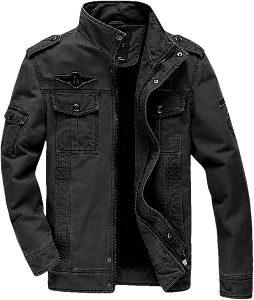 Chaqueta militar para hombre, abrigo de carga casual con cuello alto con parches. - Imagen 4