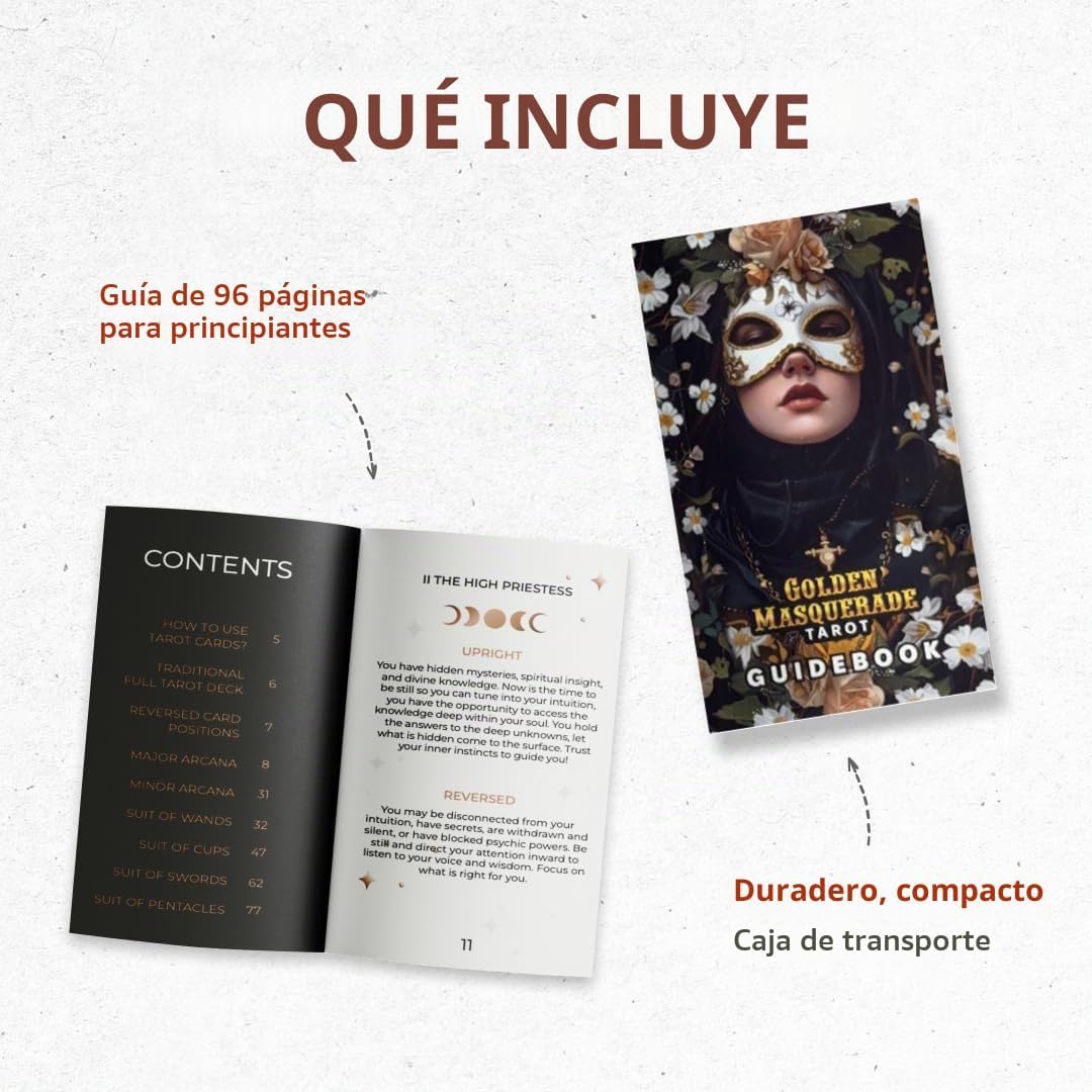 CRAFTERIAN Cartas de tarot de mascarada dorada, baraja de 78 cartas con bordes de aluminio. - Imagen 5