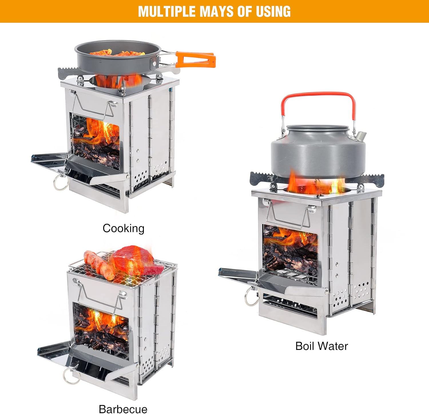 Estufa plegable para acampar de leña, estufa de madera portátil de acero inoxidable con parrilla. - Imagen 4