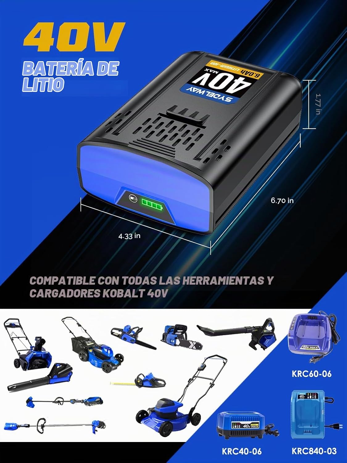 Reemplazo Sydelway 40V 6.0Ah para batería Kobalt 40V Max. - Imagen 4