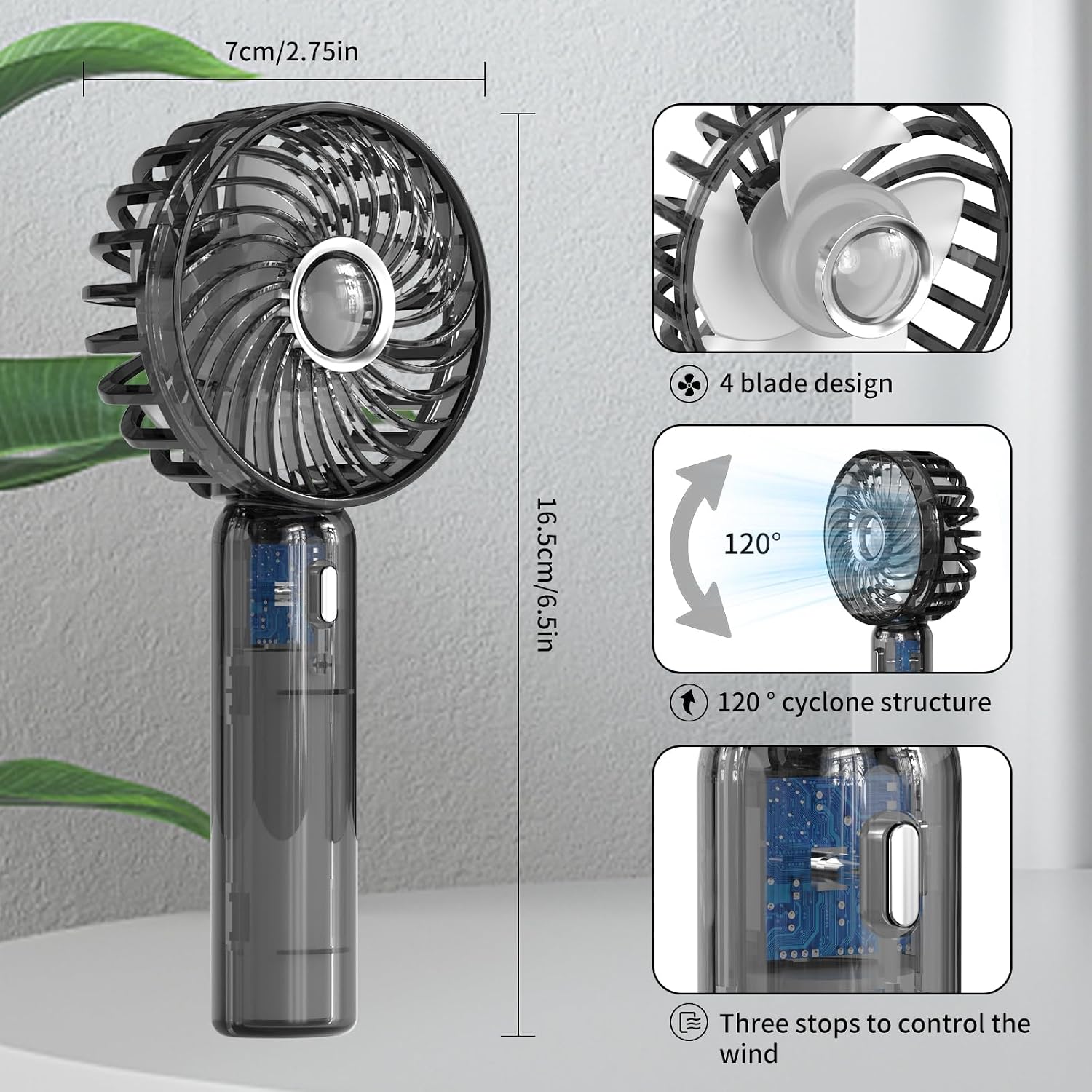 Mini ventilador de mano portátil, diseño transparente, pequeño ventilador ajustable USB recargable. - Imagen 4