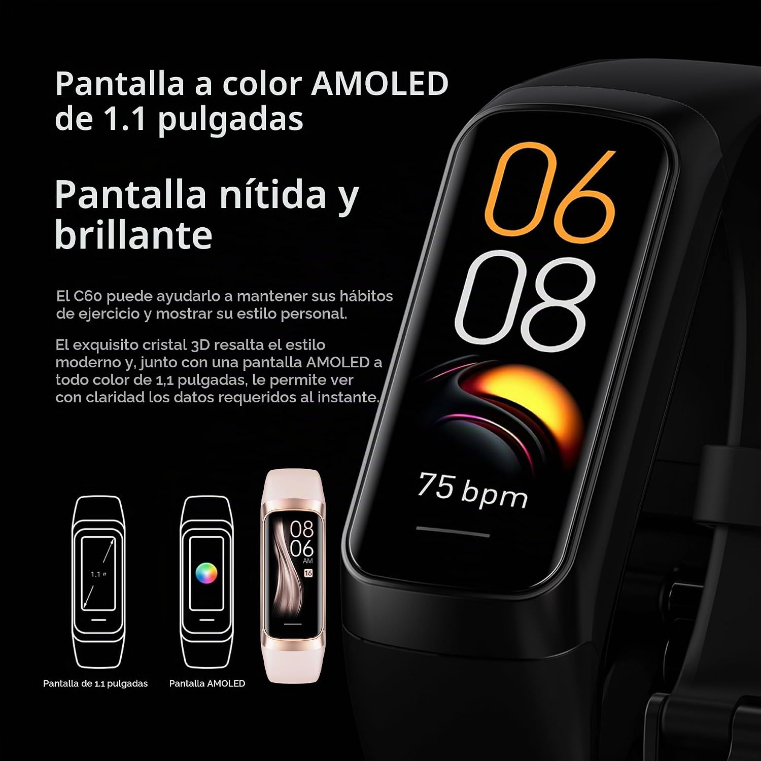 Monitor de actividad física, pulsera deportiva con podómetro y calorías para mujer, 1.1 pulgadas. - Imagen 3