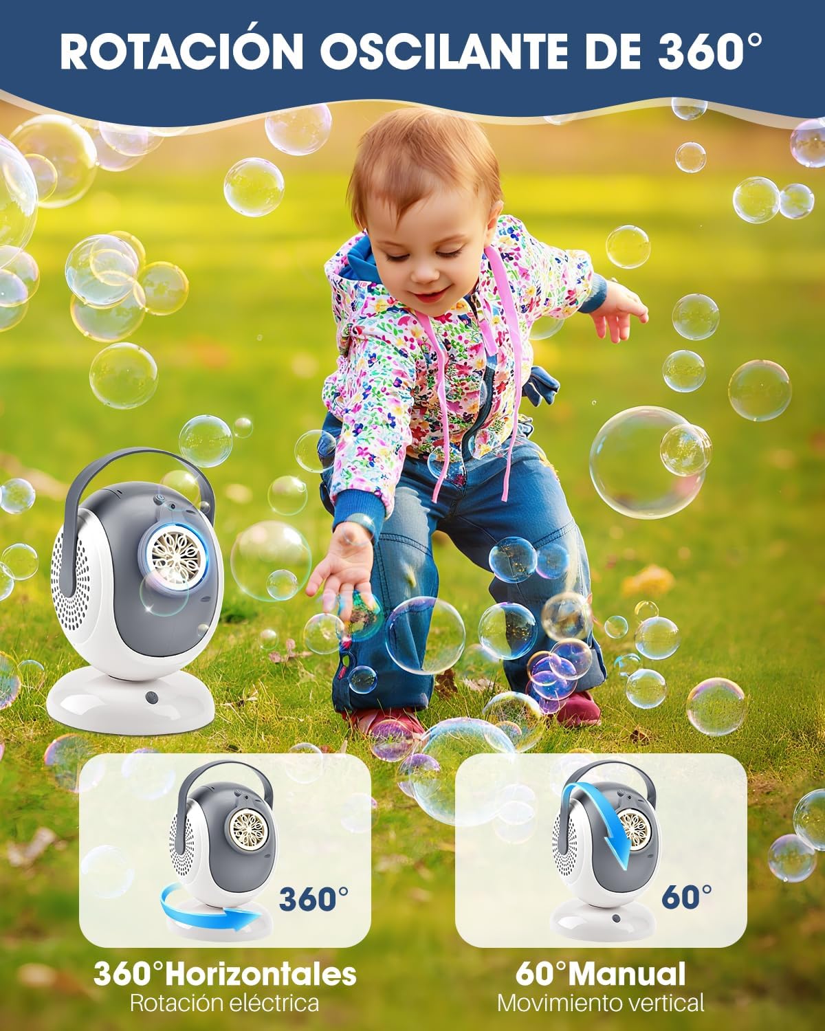 RENDIN Maquina Burbujas - Automática Burbujas para Niños Portátil con luz LED Oscilación de 360°. - Imagen 3