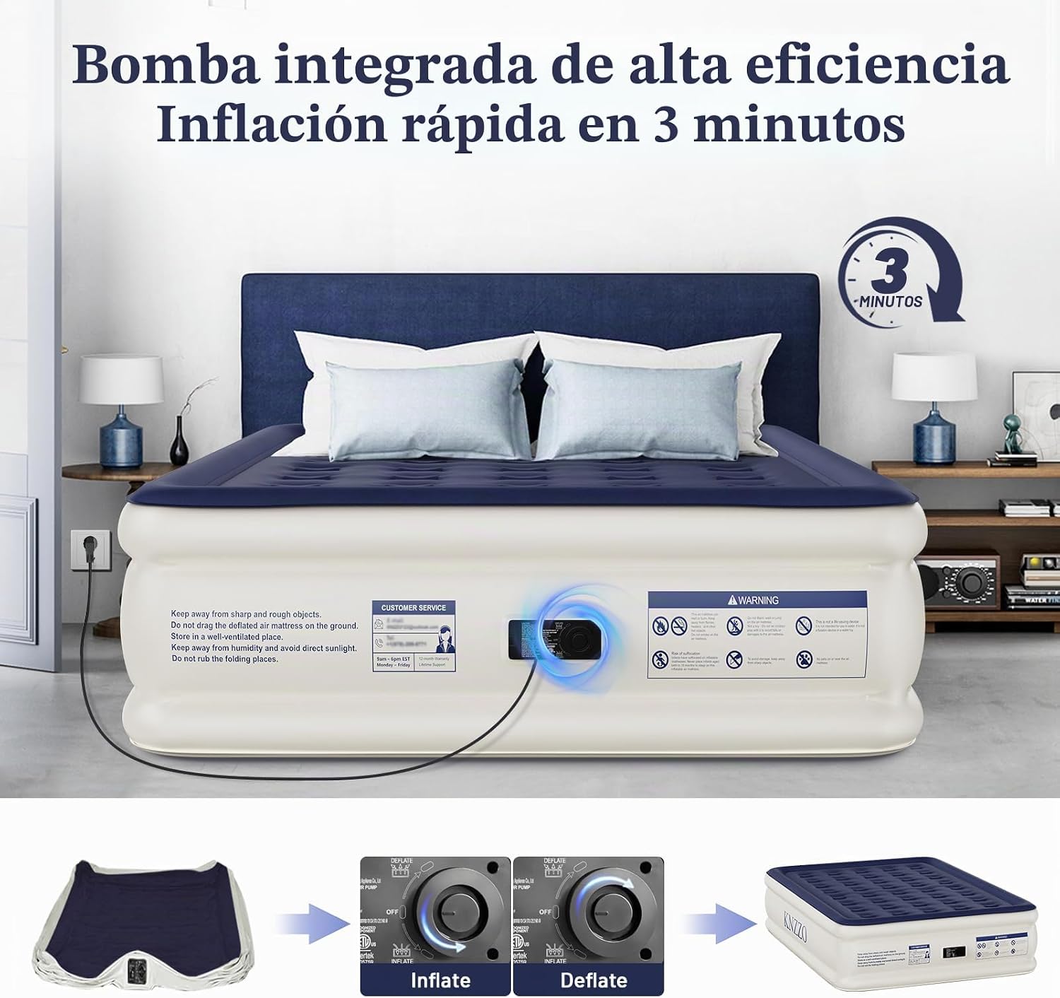 KNZZO - Colchón de aire tamaño queen con bomba incorporada, colchón inflable. - Imagen 4