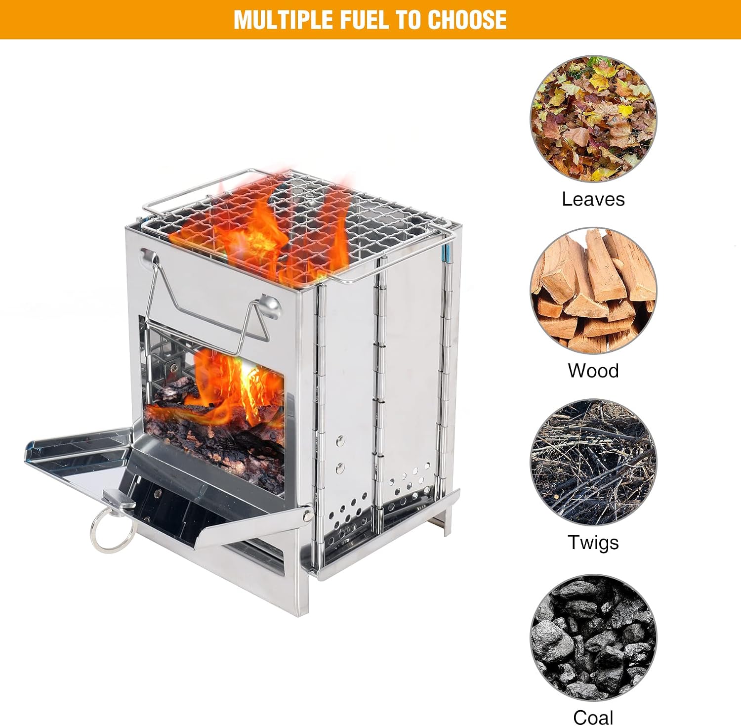 Estufa plegable para acampar de leña, estufa de madera portátil de acero inoxidable con parrilla. - Imagen 5