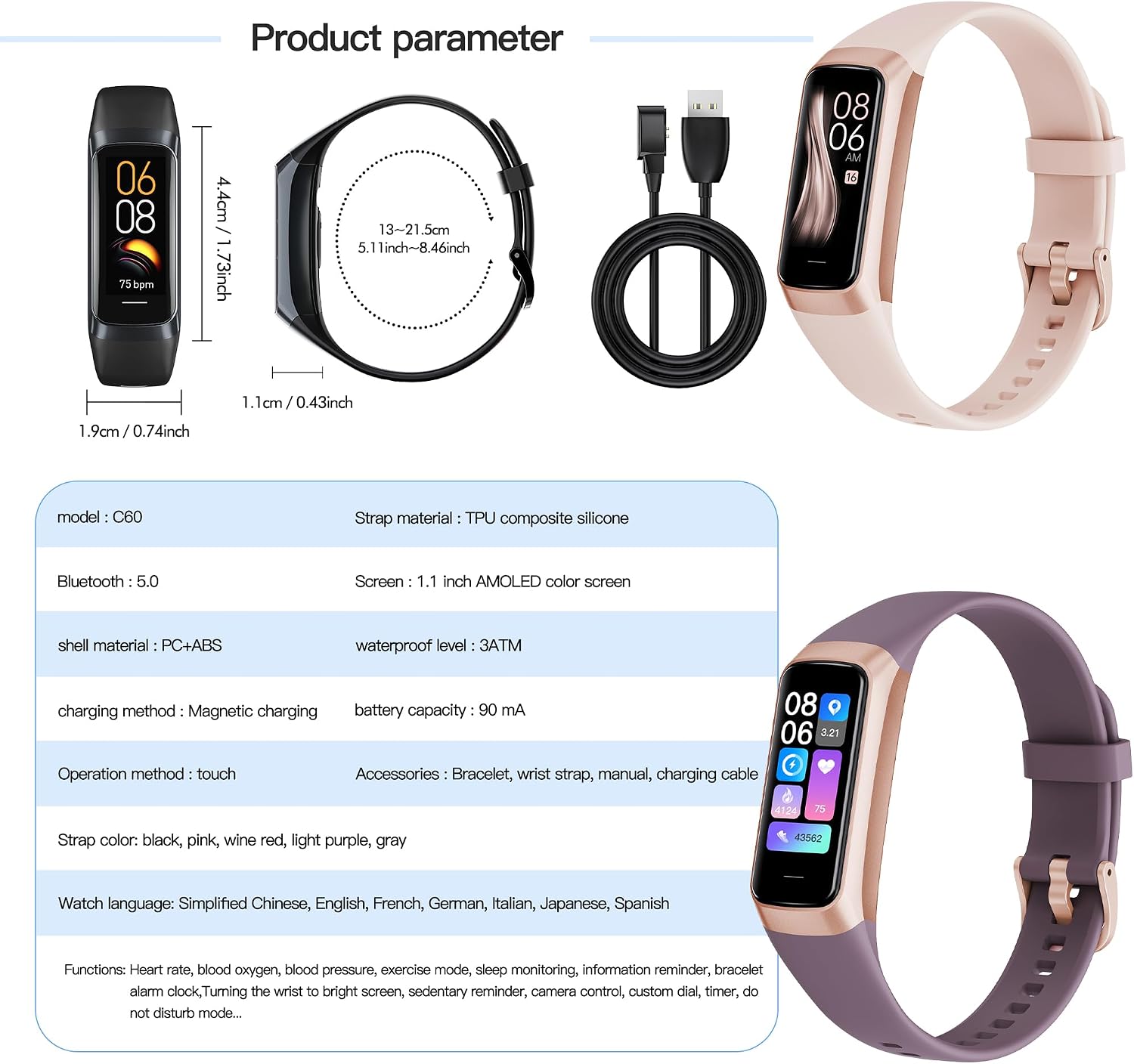 Monitor de actividad física, pulsera deportiva con podómetro y calorías para mujer, 1.1 pulgadas. - Imagen 5