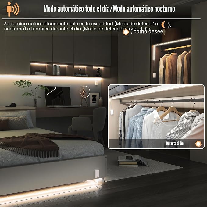 Tira de LED 2M Tira de Luz con Detector de Movimiento a Pilas Iluminación de Armarios. - Imagen 3