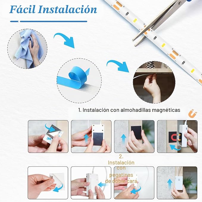 Tira de LED 2M Tira de Luz con Detector de Movimiento a Pilas Iluminación de Armarios. - Imagen 5