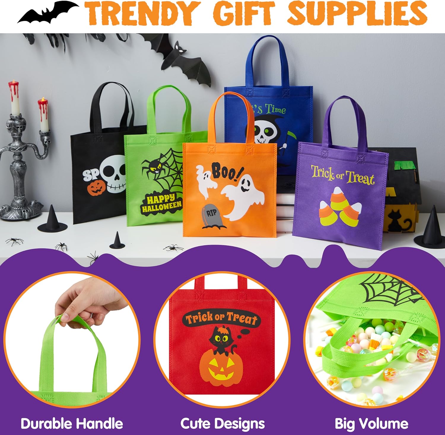 JOYIN 24 bolsas de golosinas no tejidas de Halloween, bolsas de golosinas de 8.6 pulgadas con asas. - Imagen 3
