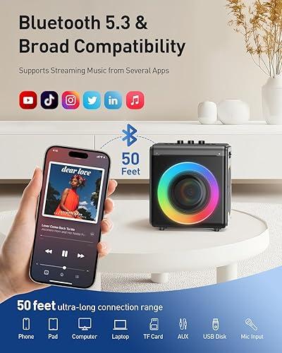 Máquina de karaoke VERKB, Bluetooth 5.3, 20 horas de reproducción, luces LED, portátil. - Imagen 4