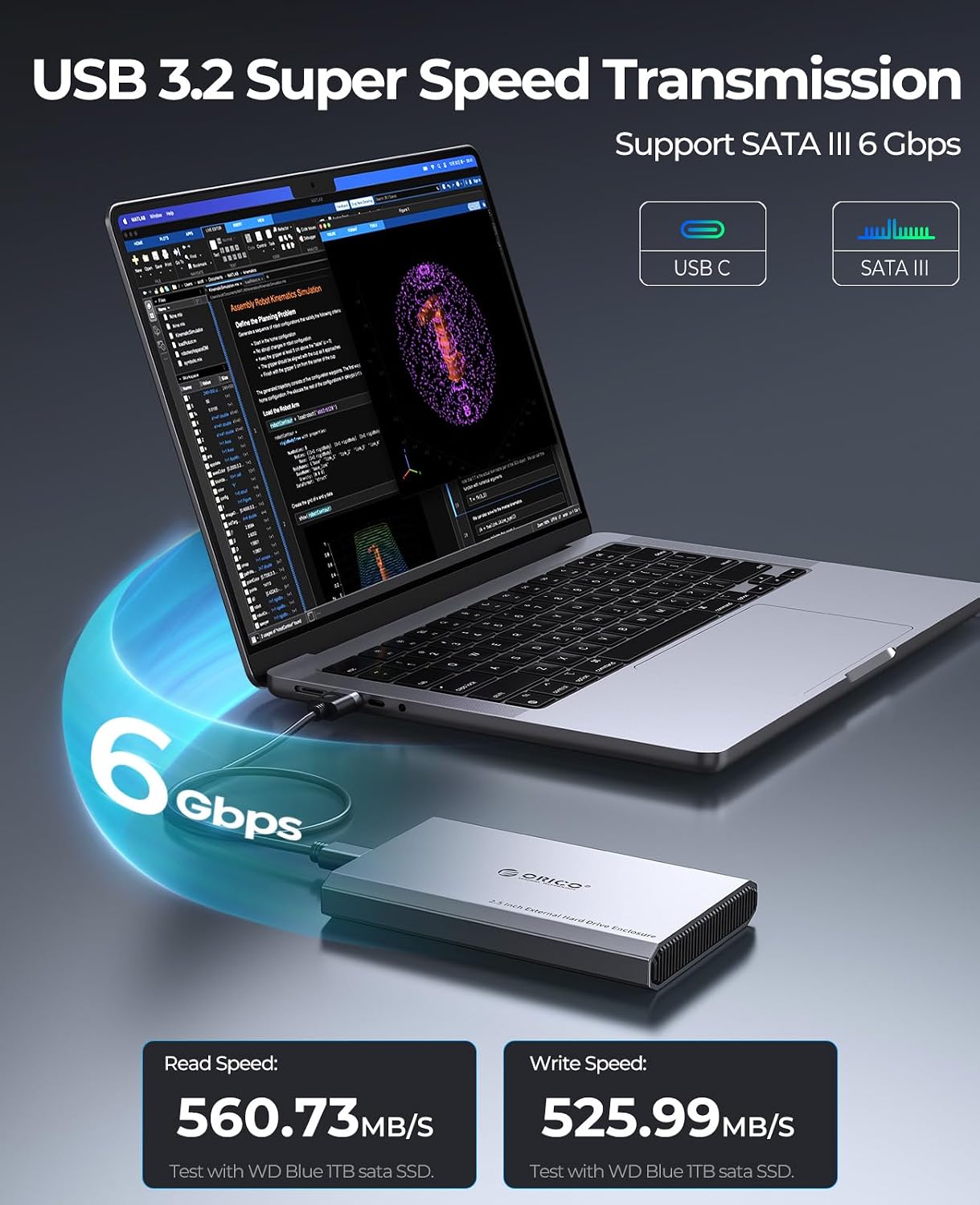 ORICO Carcasa de Disco Duro USB C de Aluminio para SSD/HDD SATA de 2.5 Pulgadas, Cable USB 3. - Imagen 3